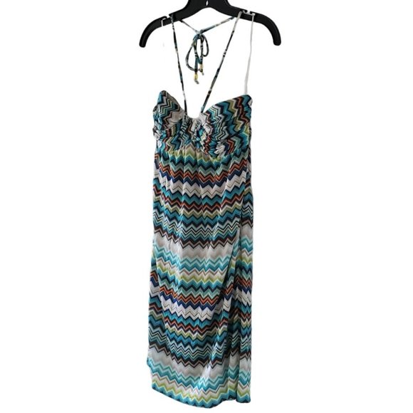 Trina Turk Ruched Sweetheart Halter Midi Dress | EUC | 6 | Blue Tan Multicolor - Picture 8 of 15